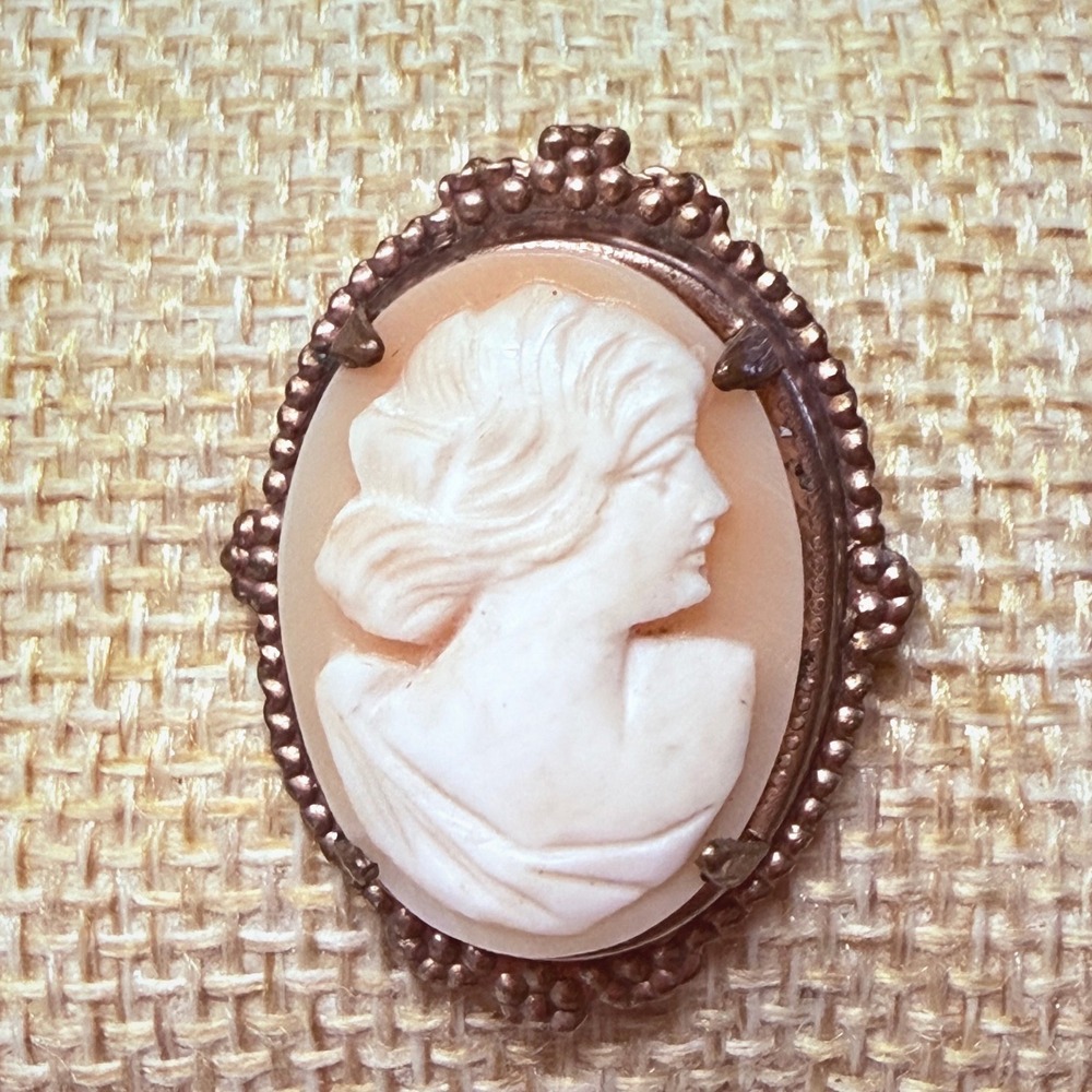 Vintage Gold Tone Shell Style Portrait Cameo Brooch Pin Victorian Style - Picture 1 of 11